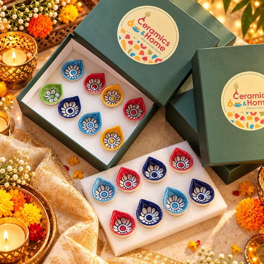 Hand-Painted Floral Ceramic Diya Gift Box – Set of 16 | Multicolour Diwali Diyas