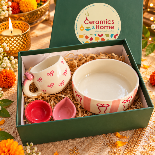 Pink Bow Ceramic Mug & Bowl Gift Hamper Set of 4 | Aesthetic Gift Box
