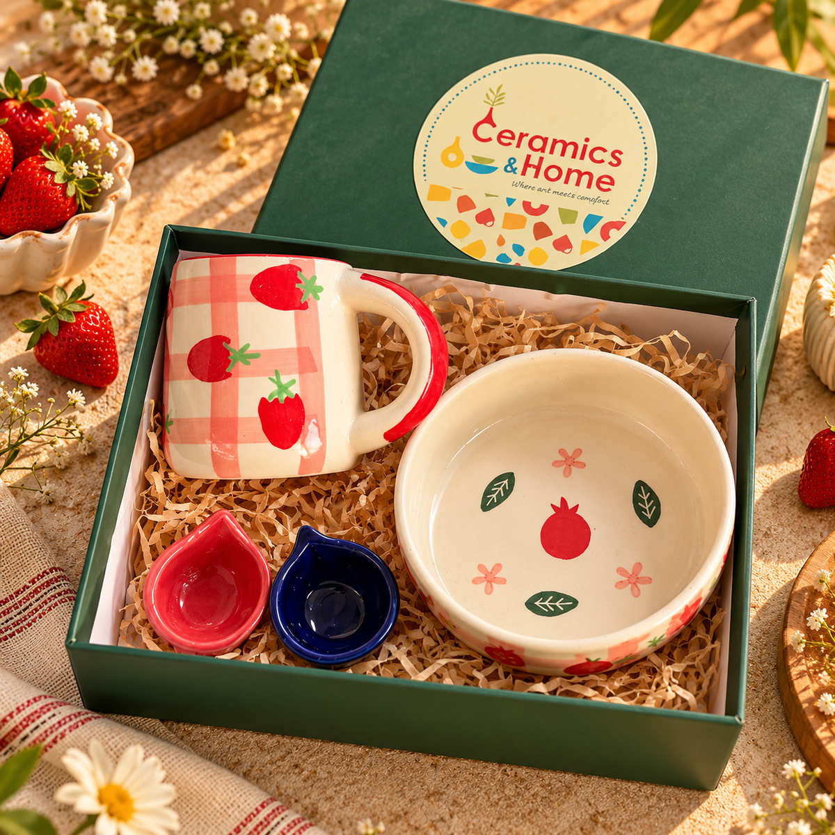 Strawberry Ceramic Mug & Bowl Gift Hamper Set of 4 | Aesthetic Handmade Gift Box