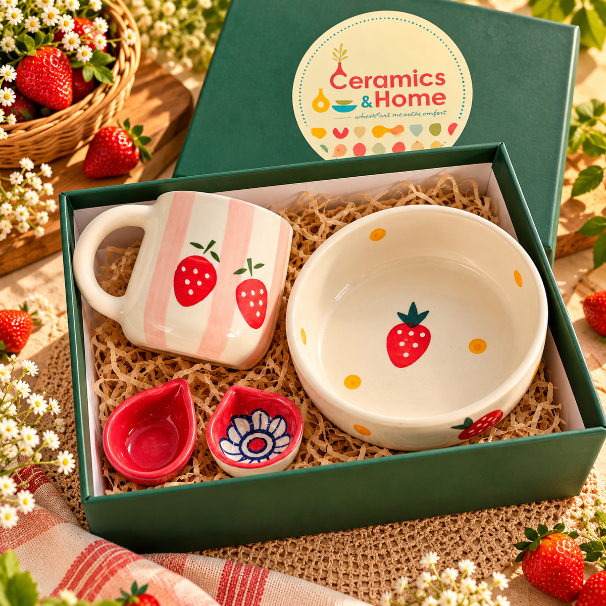 Strawberry Ceramic Mug & Bowl Gift Hamper Set of 4 | Handmade Aesthetic Gift Box