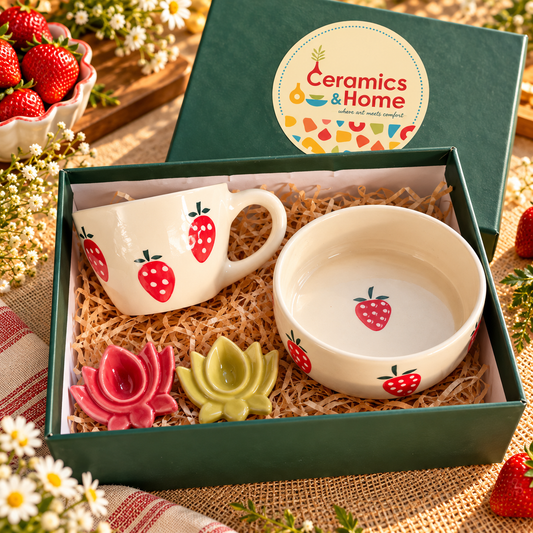 Strawberry Ceramic Mug & Bowl Gift Hamper with Lotus Diyas | Handmade Aesthetic Gift Box – Set of 4