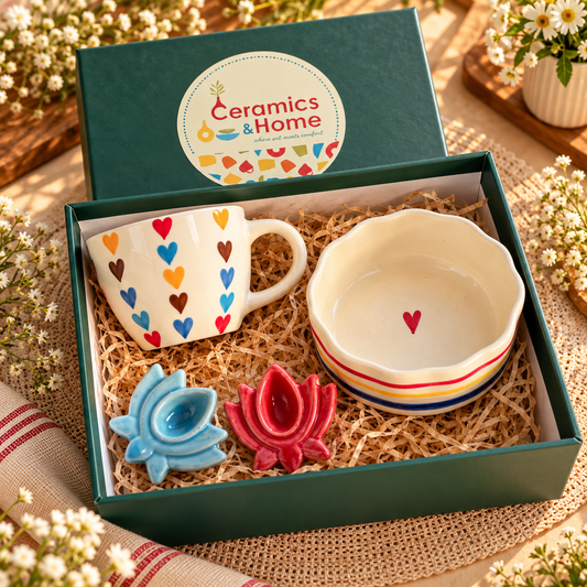 Multicolor Heart Ceramic Mug & Rainbow Bowl Gift Hamper with Lotus Diyas | Handmade Aesthetic Gift Box – Set of 4