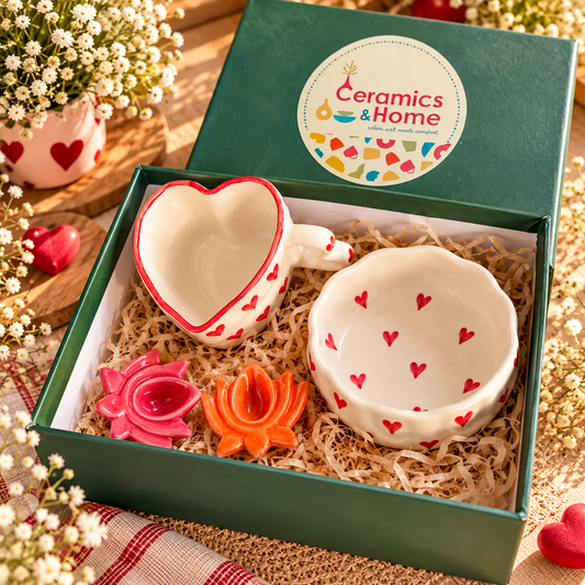 Red Heart Ceramic Mug & Heart Bowl Gift Hamper with Lotus Diyas | Handmade Aesthetic Gift Box – Set of 4