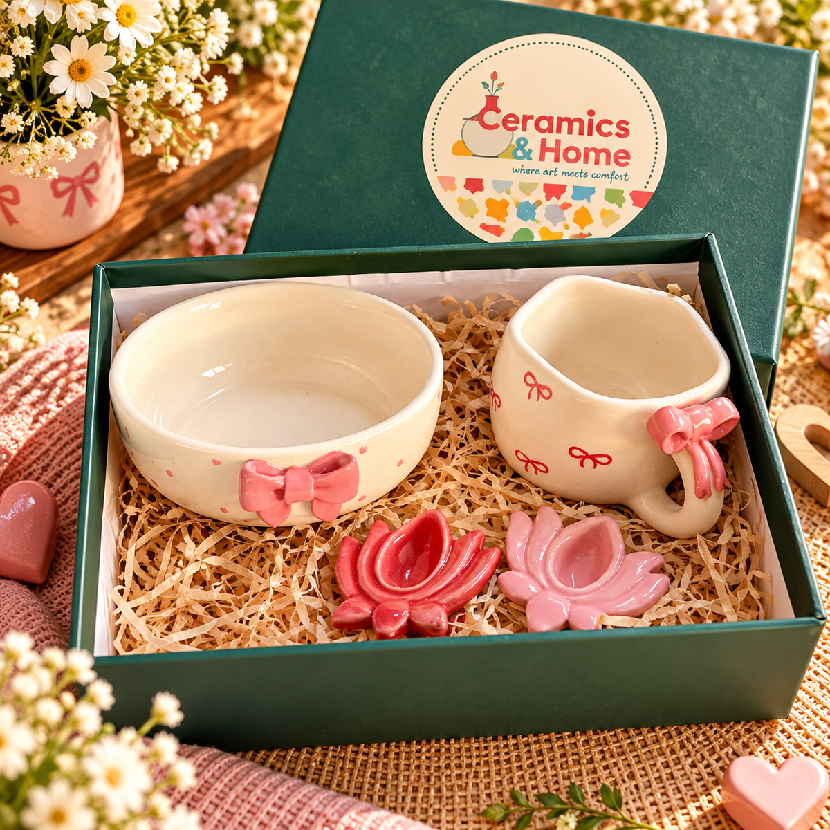 Pink Bow Ceramic Mug & Bowl Gift Hamper with 2 Lotus Diyas | Handmade Aesthetic Gift Set of 4