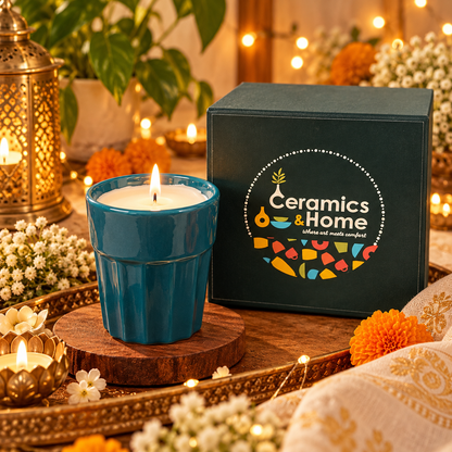 Teal Blue Ceramic Candle with Premium Gift Box