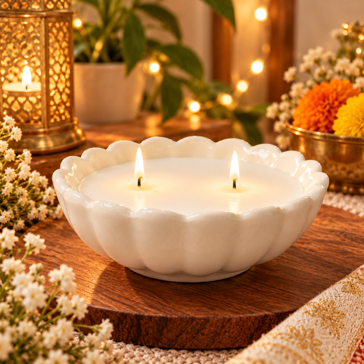 White Lotus Flower Ceramic Candle | Double Wick Decorative Candle for Diwali Gifting & Home Decor