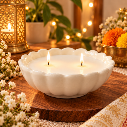 White Lotus Flower Ceramic Candle | Double Wick Decorative Candle for Diwali Gifting & Home Decor