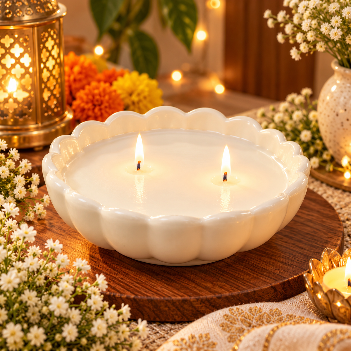 White Lotus Flower Ceramic Candle | Double Wick Decorative Candle for Diwali Gifting & Home Decor