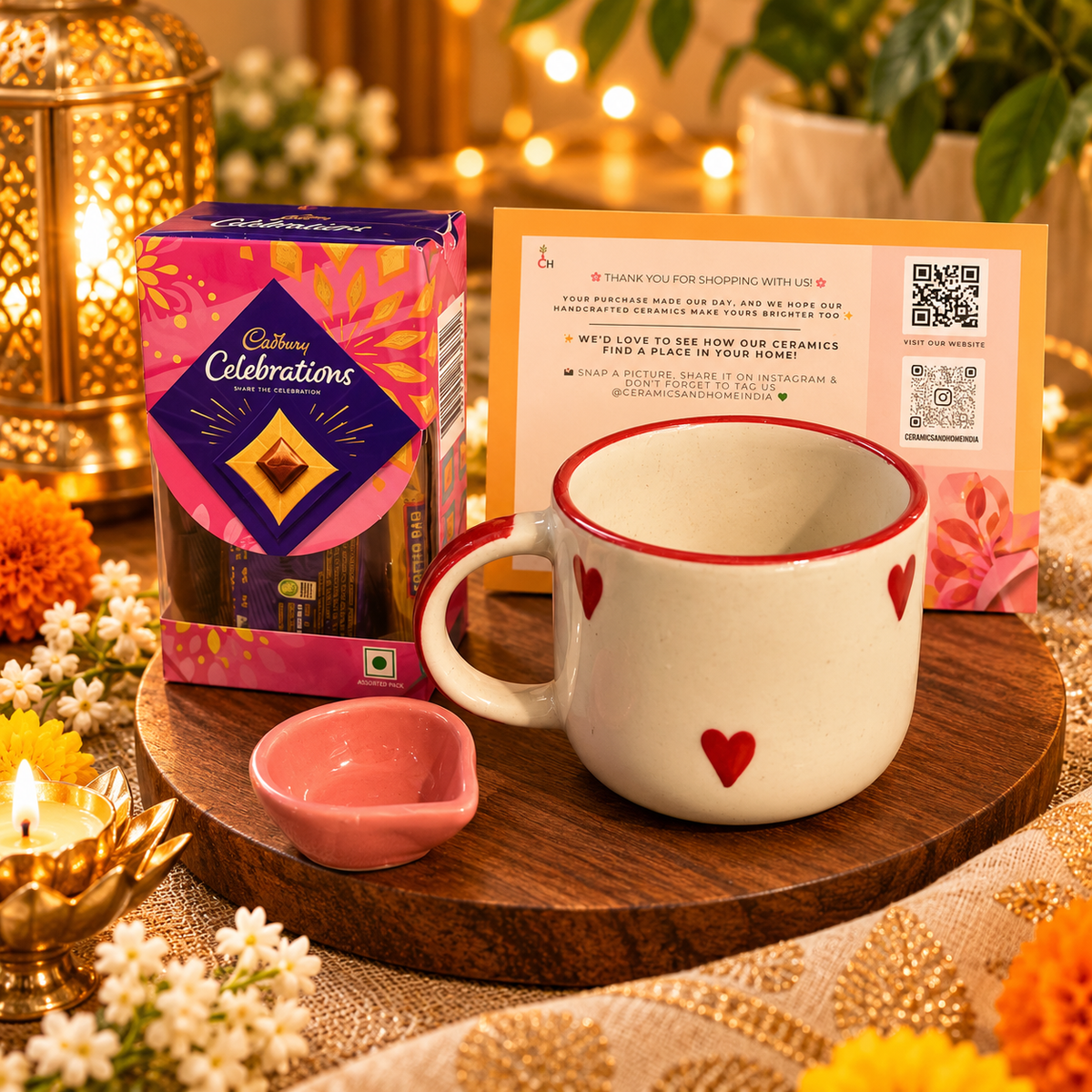 Red Heart Ceramic Mug & Mini Heart Bowl with Cadbury Celebrations | Diwali Gift Hamper Set of 3