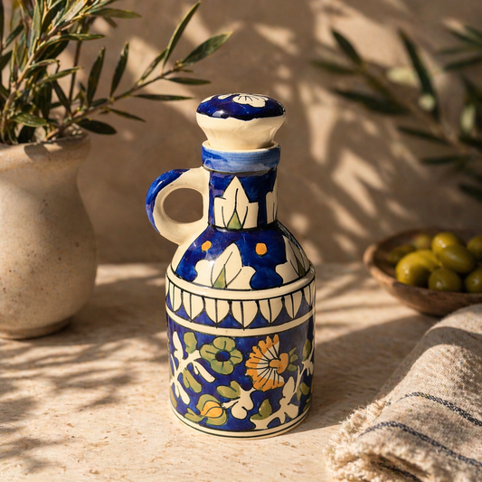 Indigo Bloom Hand-Painted Ceramic Oil Bottle