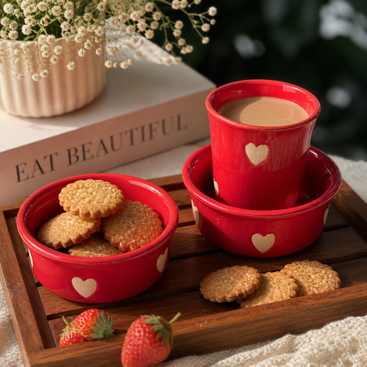 Red Heart Ceramic Cup & Bowl Set