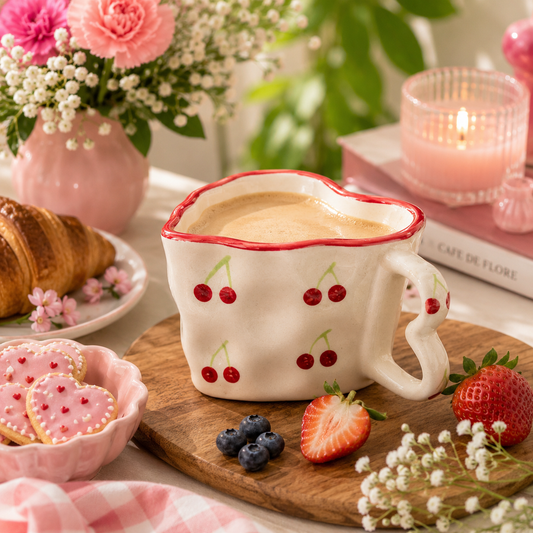 Cherry Bliss Heart Handle Coffee Mug