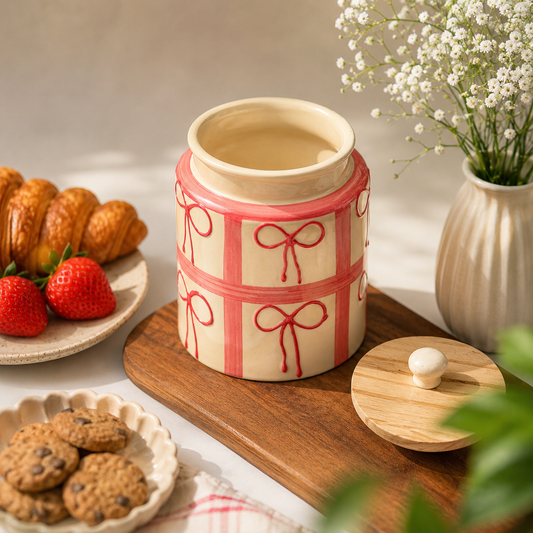 Pink Bow Storage Jar with Wooden Lid