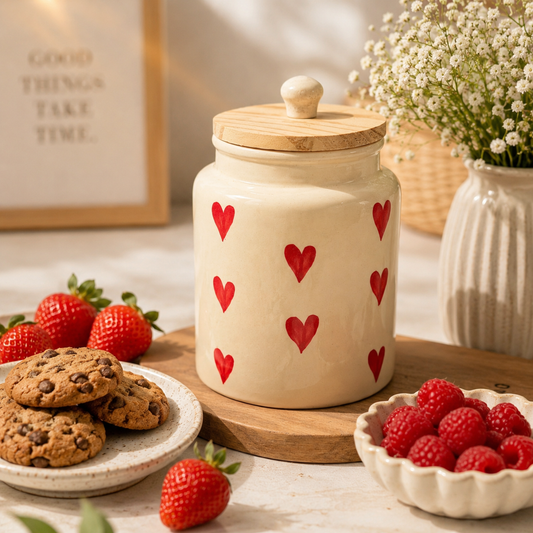 Red Hearts Storage Jar with Wooden Lid