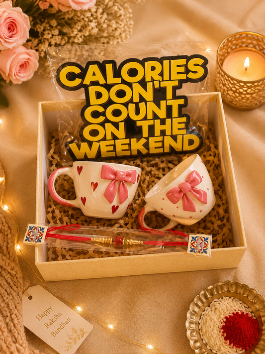 Bow Mug Rakhi Gift Hamper with Motivational Wall Decor | Ceramic Tea Cup Gift Set for Brother & Sister