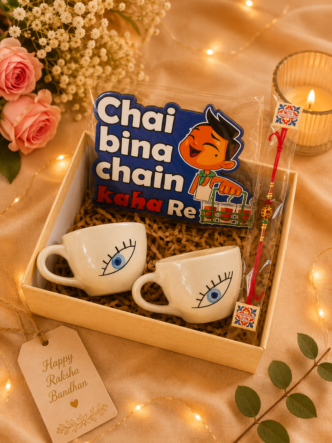 Evil Eye Handmade Ceramic Tea Cup Rakhi Hamper Gift Box with Motivational Wall Decor & Rakhi | Premium Raksha Bandhan Gift Set