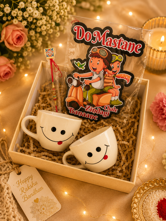 Handmade Smiley Ceramic Tea Cup Rakhi Hamper Gift Box with Motivational Wall Decor & Rakhi | Gift Set for Brother
