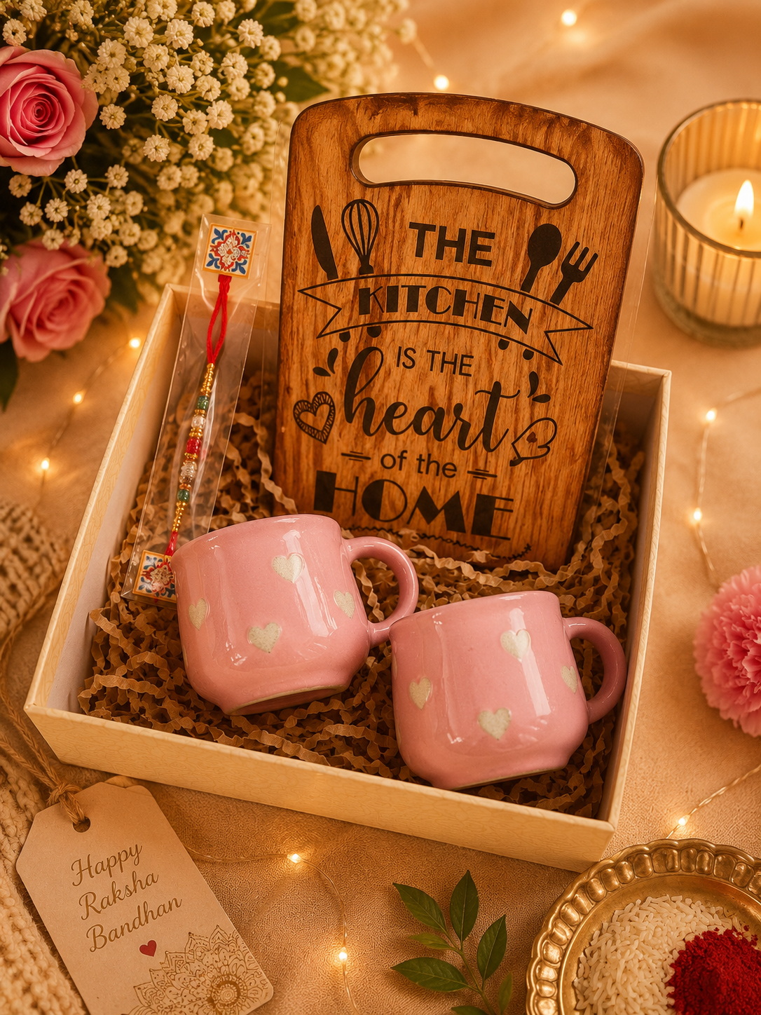 Pink Heart Cup Rakhi Gift Hamper with Decorative Motivational Quote Wall Décor & Designer Rakhi | Premium Raksha Bandhan Gift Box