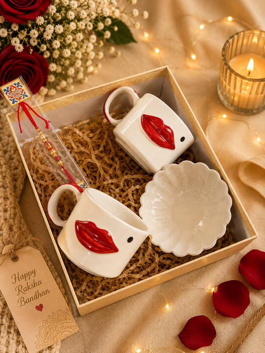 Ceramic Lip Mug Rakhi Gift Hamper Box with Snack Bowl & Designer Rakhi | Gift Set for Brother & Sister