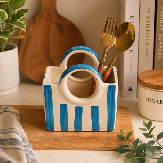 Blue Striped Ceramic Kitchen Utility Holder | Decor piece