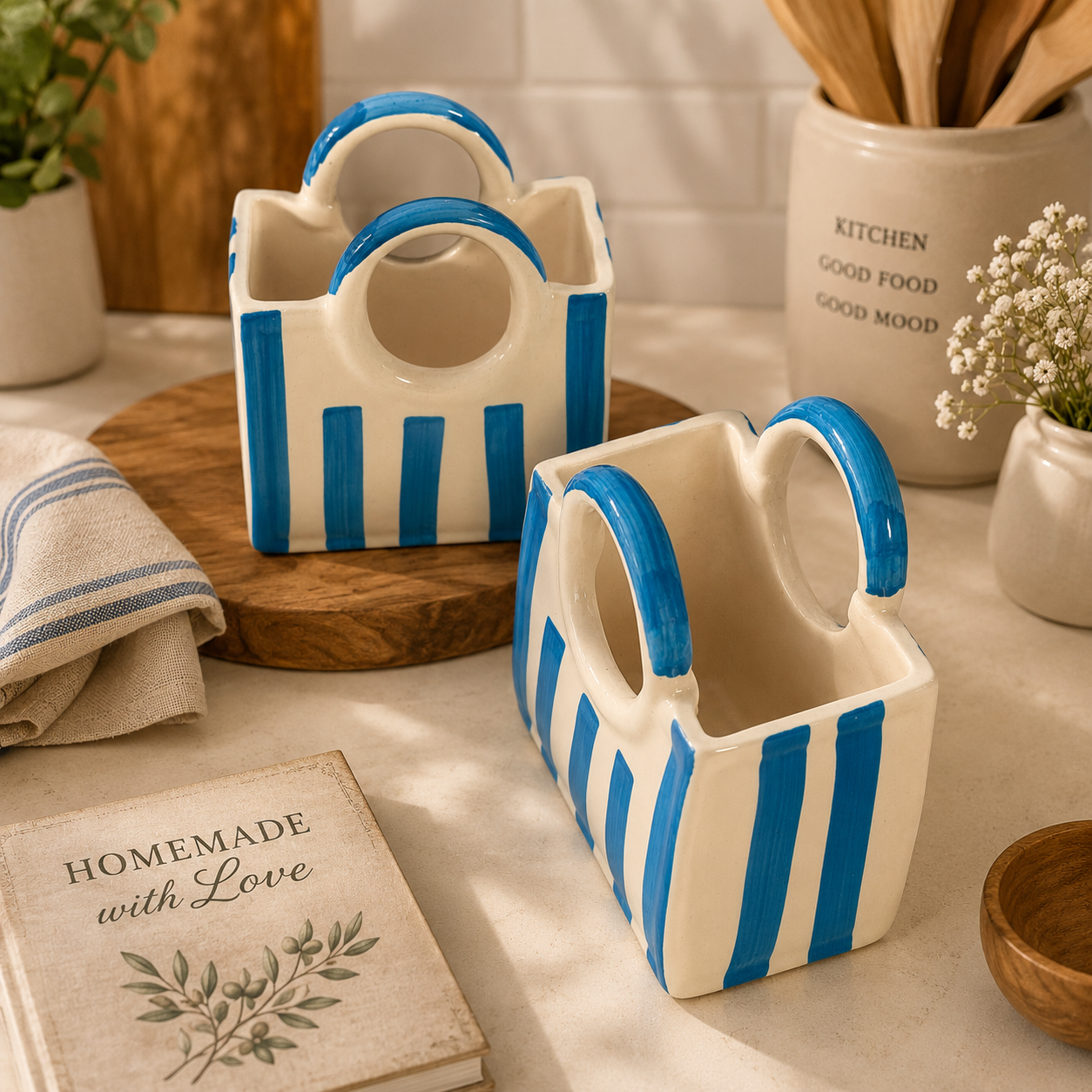 Blue Striped Ceramic Kitchen Utility Holder | Decor piece