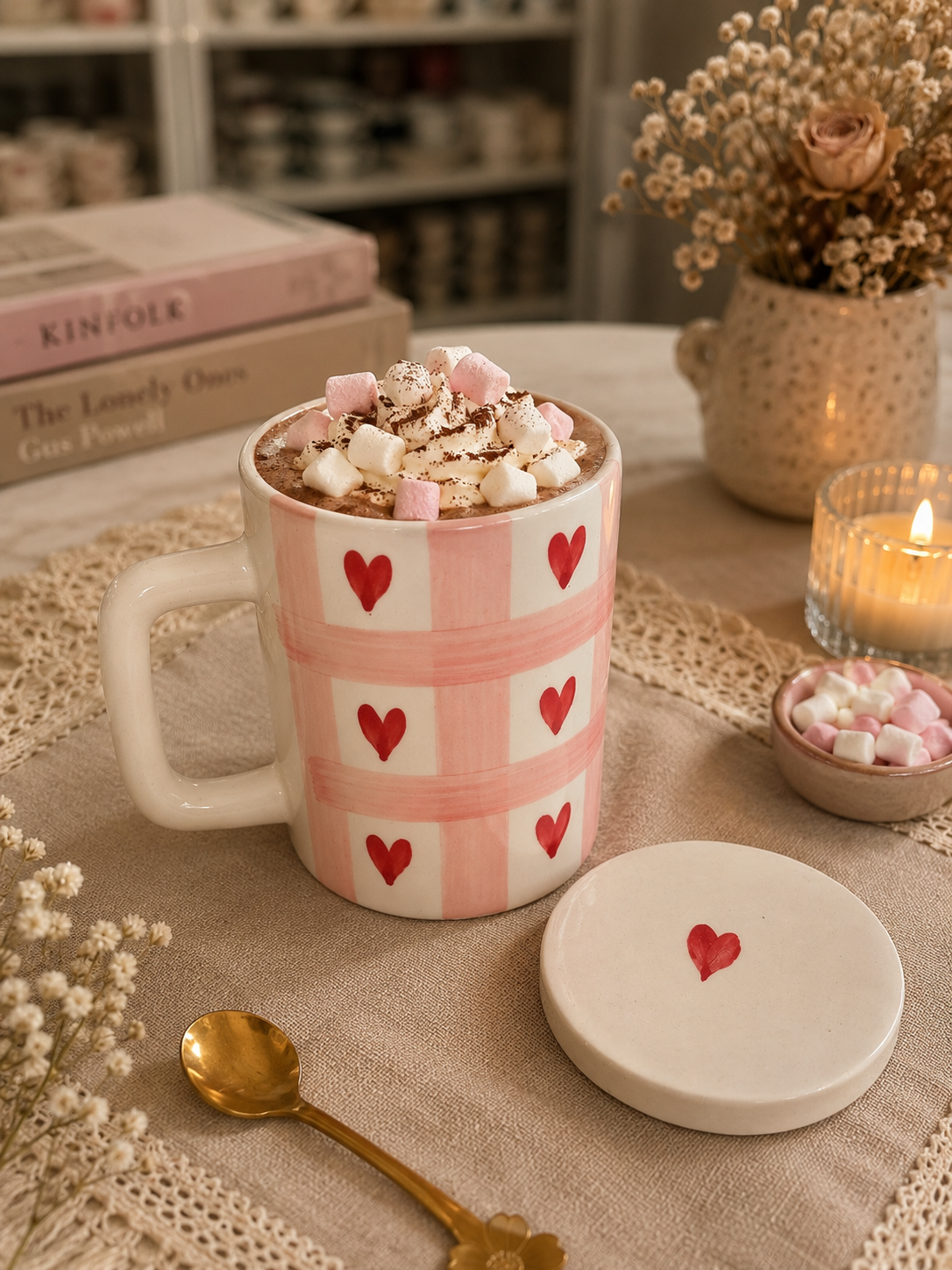 Pink Heart Ceramic Mug with Lid | Aesthetic Coffee Mug | 350 ml