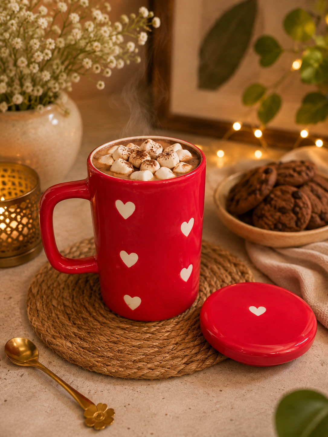 Red Heart Ceramic Mug with Lid | Valentine’s Coffee Mug | 350 ml