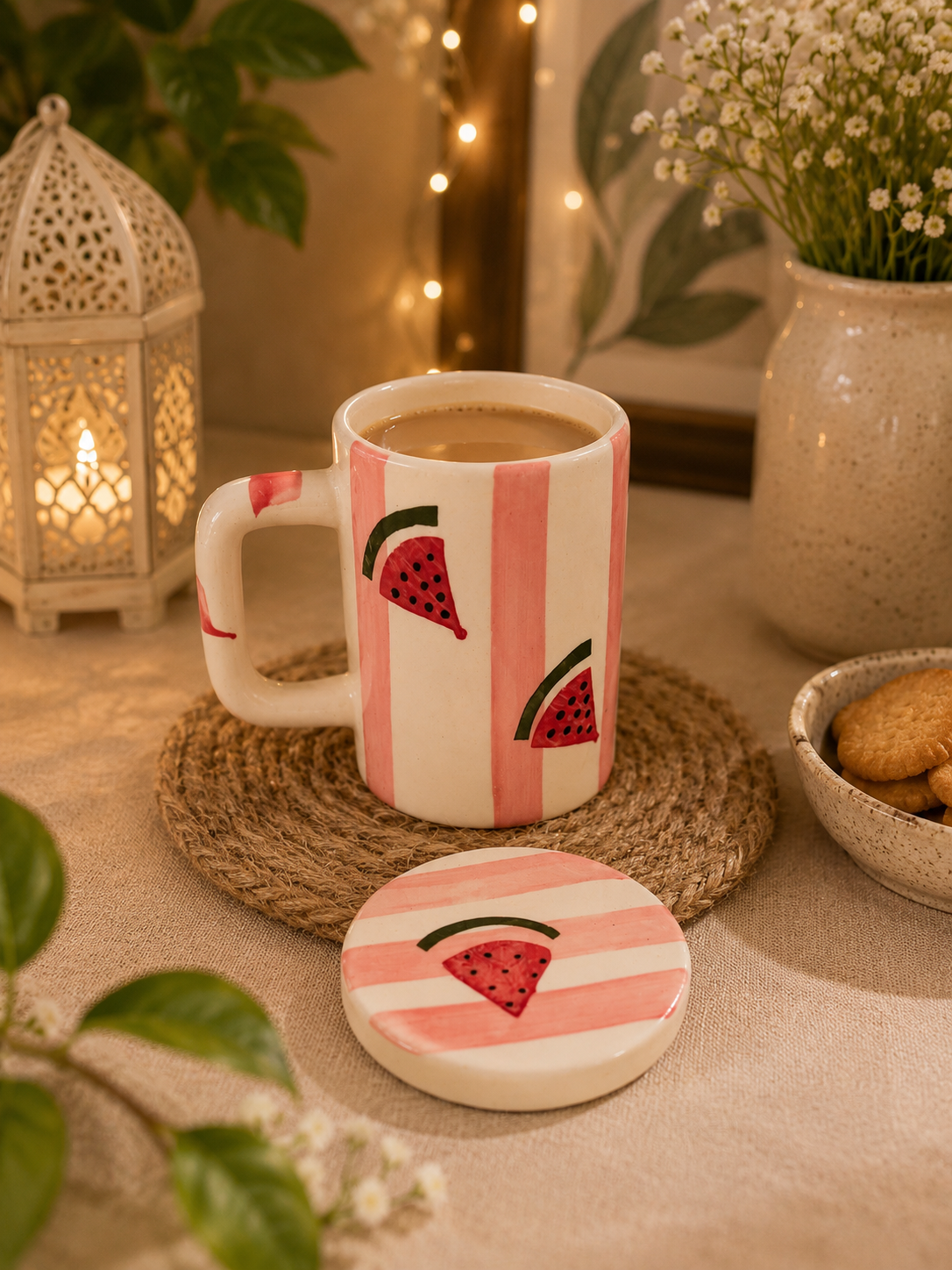 Watermelon Ceramic Mug with Lid | Summer Coffee Mug | 350 ml