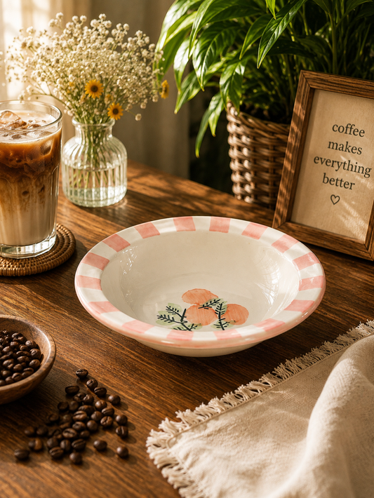 Hand-Painted Peach Floral Ceramic Serving Bowl