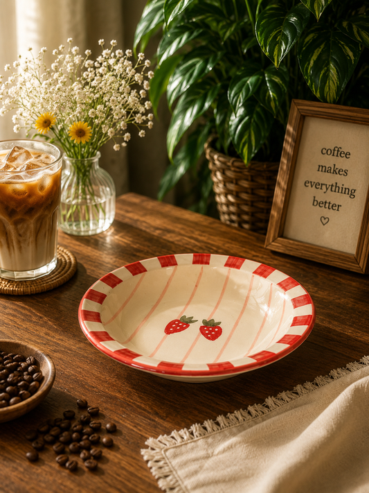 Hand-Painted Red Strawberry Ceramic Serving Bowl