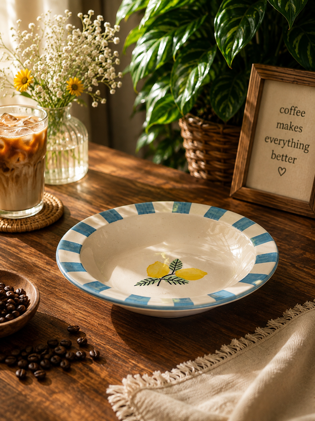 Blue Stripe Floral Ceramic Pasta & Serving Bowl