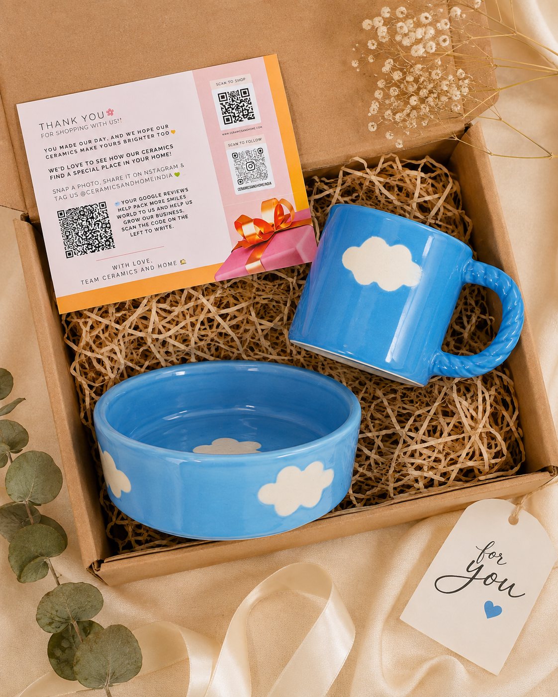 Blue Cloud Ceramic Gift Hamper – Mug & Bowl Set