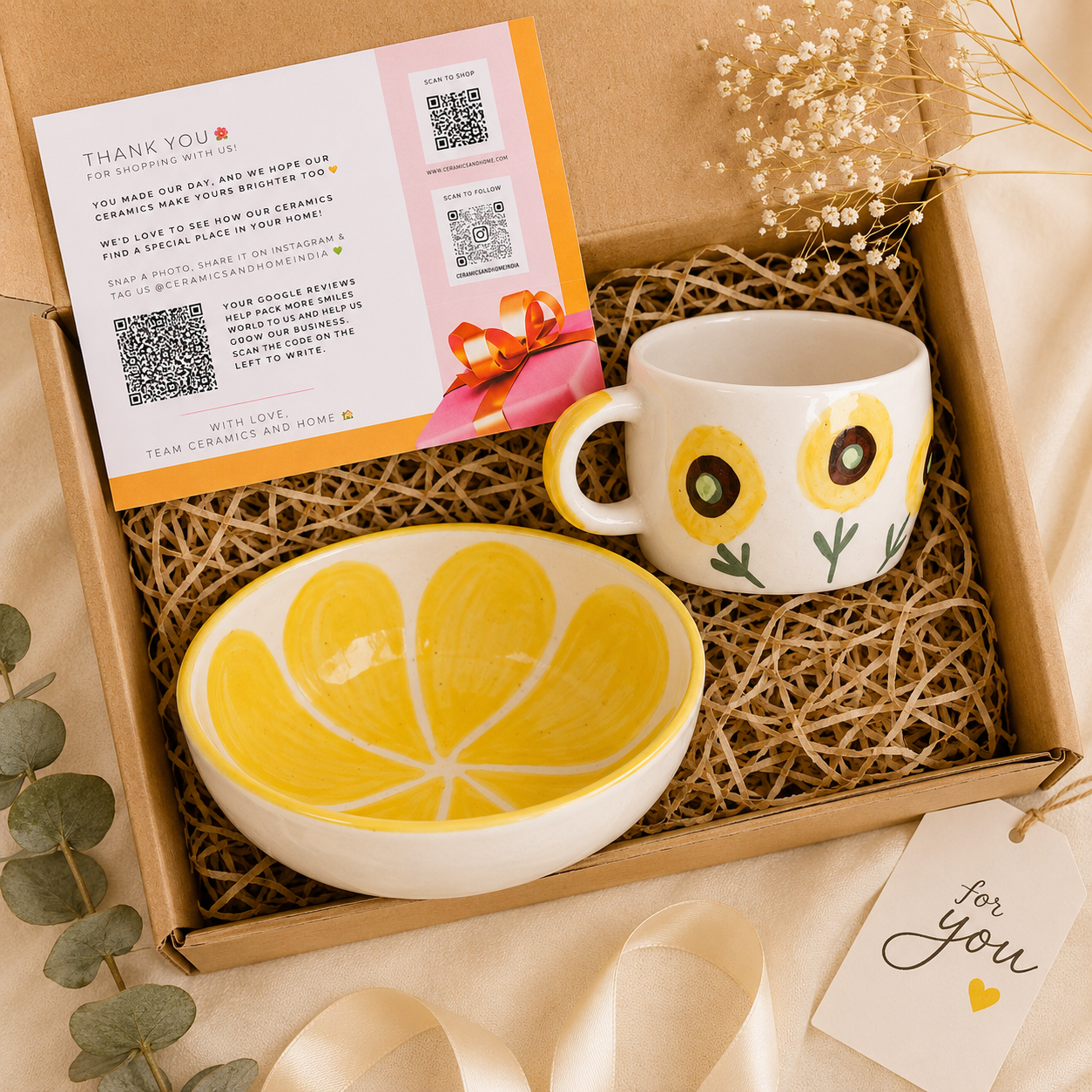 Sunshine Bloom Ceramic Gift Hamper – Floral Mug & Bowl Set