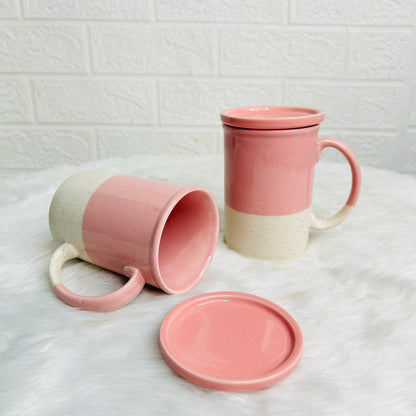 WHITE  & PINK MUG WITH LID (Set of 1)