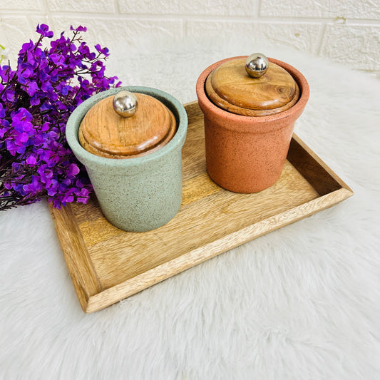 Earth Jar Set with wooden tray (Pack of 2)
