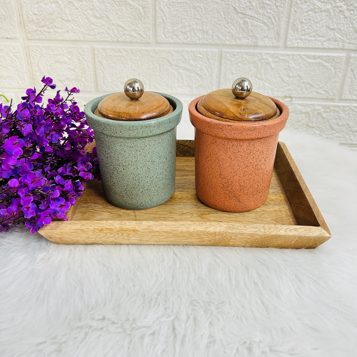 Earth Jar Set with wooden tray (Pack of 2)
