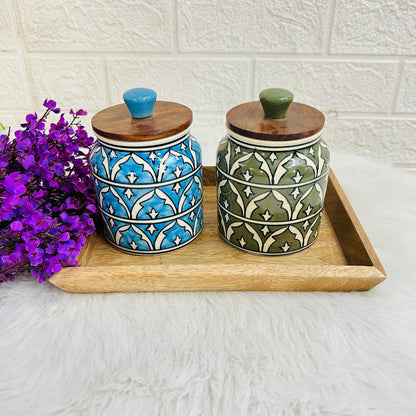 Sky Blue & Green Jar Set with Wooden Tray (Pack of 2)