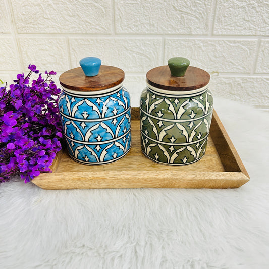Sky Blue & Green Jar Set with Wooden Tray (Pack of 2)