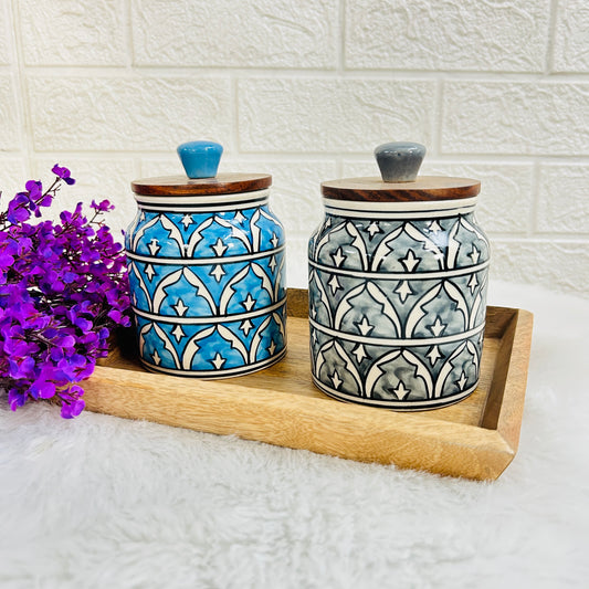 Sky Blue & Gray Jar Set with Wooden Tray (Pack of 2)