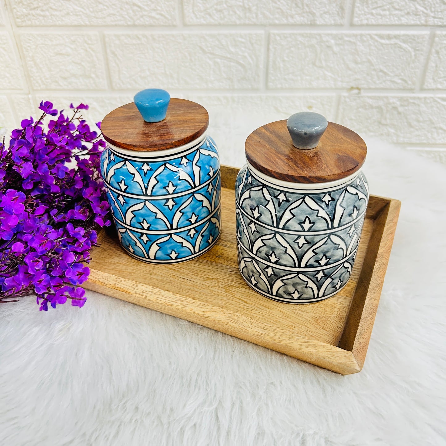 Sky Blue & Gray Jar Set with Wooden Tray (Pack of 2)