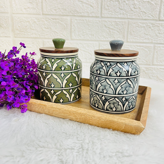 Green & Gray Jar Set with Wooden Tray (Pack of 2)
