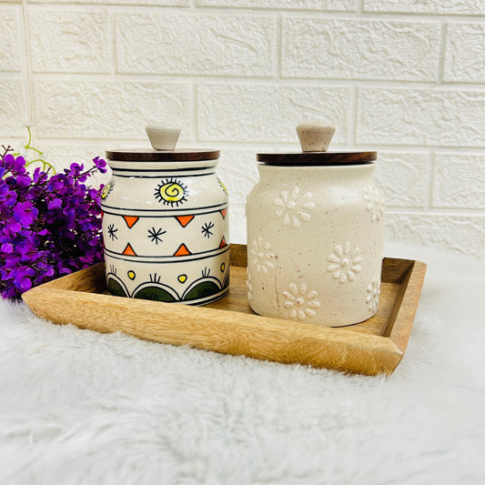 Minimalist Jar Set with Wooden Tray (Pack of 2)
