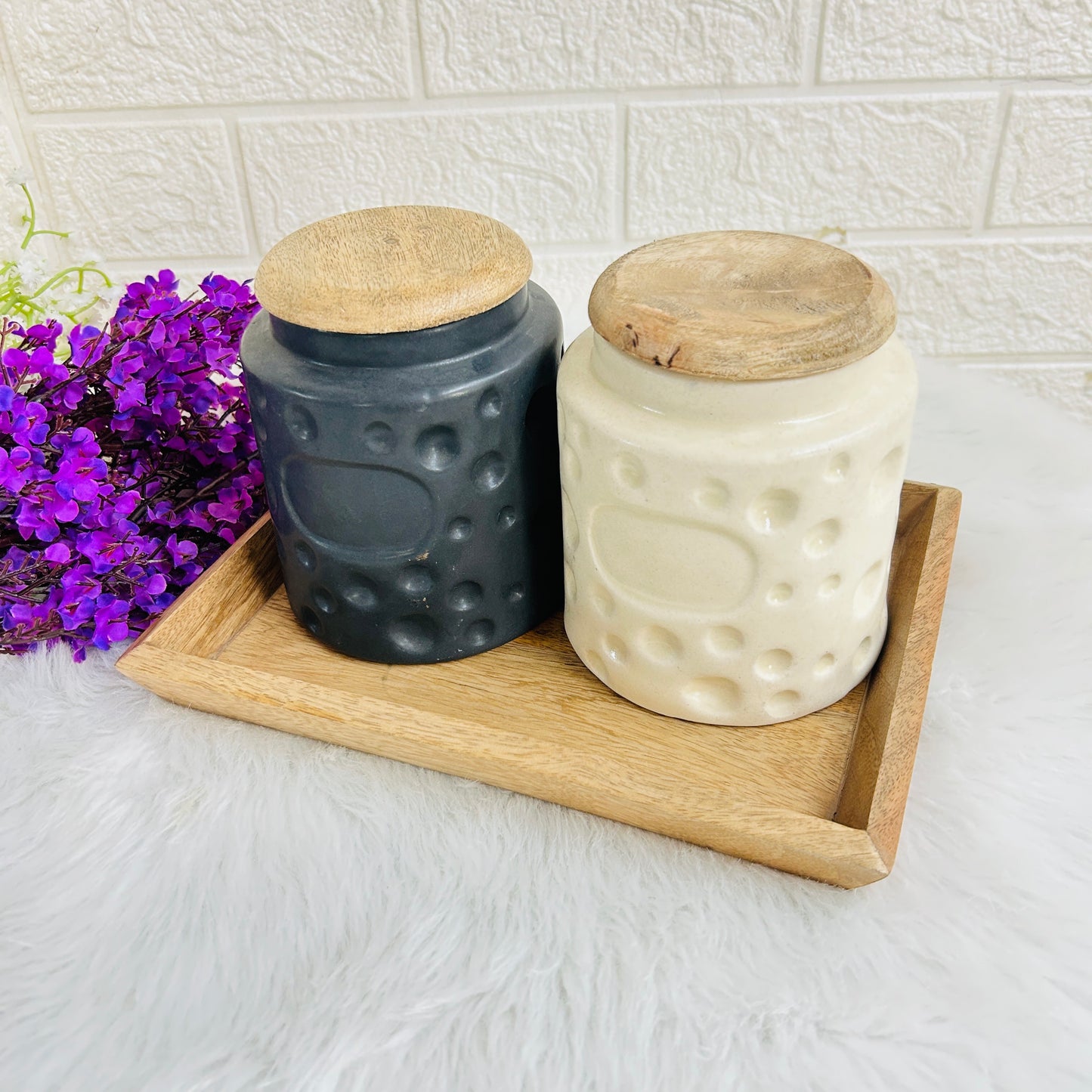 Moon Jar Set with  Wooden Tray (Pack of 2)