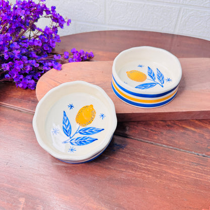 Ceramic Bowl with Lemon & Blue Stripes – Mediterranean-Inspired