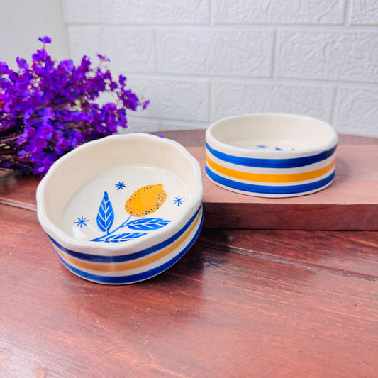 Ceramic Bowl with Lemon & Blue Stripes – Mediterranean-Inspired