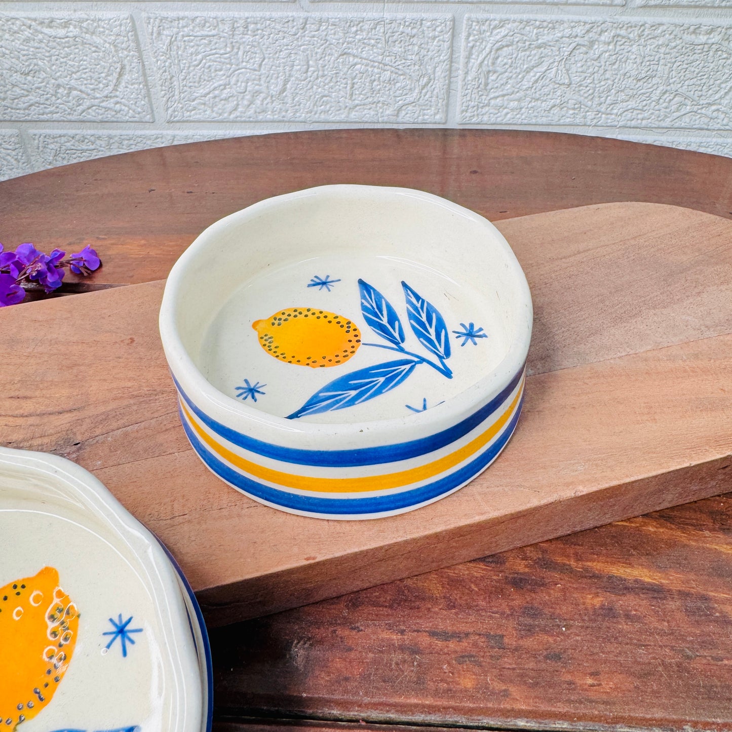 Ceramic Bowl with Lemon & Blue Stripes – Mediterranean-Inspired
