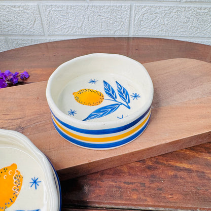 Ceramic Bowl with Lemon & Blue Stripes – Mediterranean-Inspired