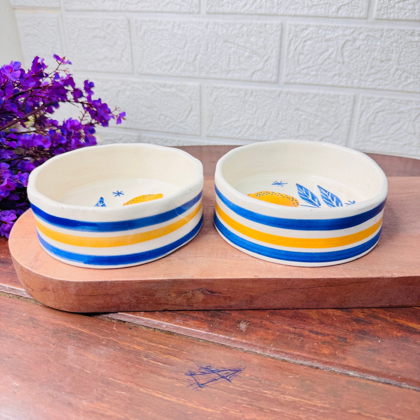 Ceramic Bowl with Lemon & Blue Stripes – Mediterranean-Inspired
