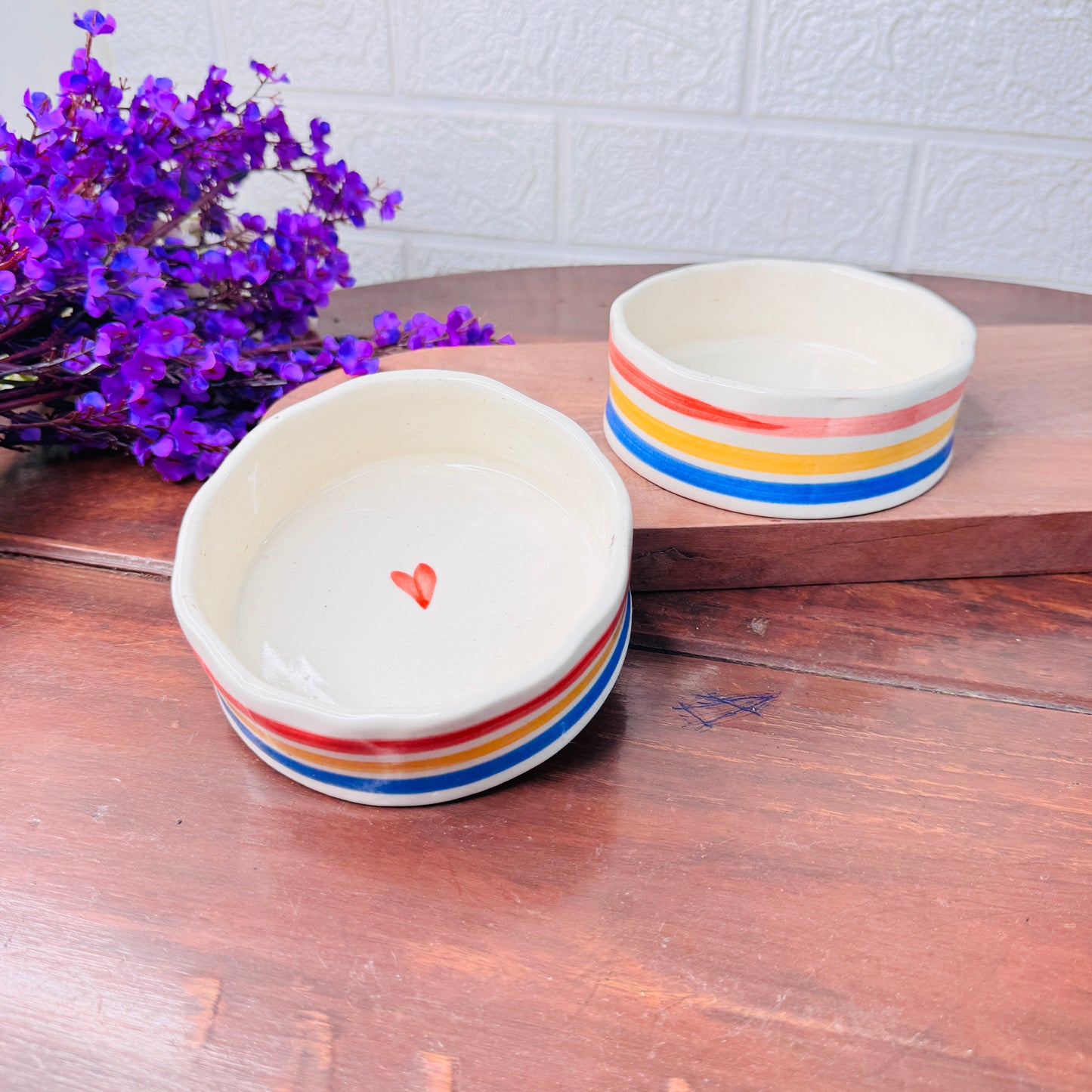 Ceramic Bowl with Red Heart & Colorful Stripes – Cheerful & Minimal