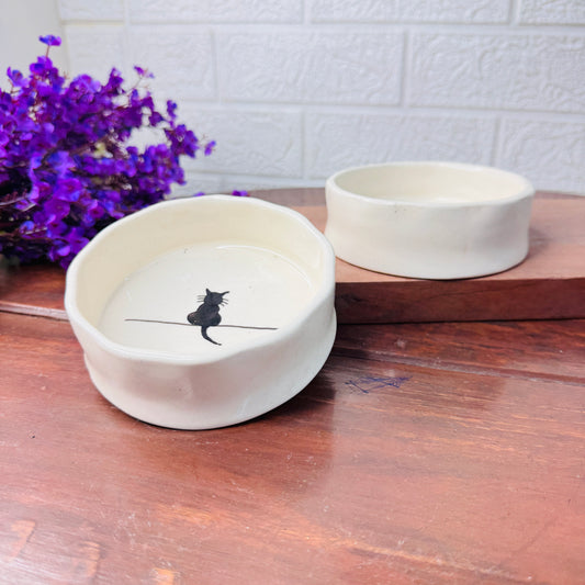 Ceramic Bowl with Black Cat Illustration – Minimal & Whimsical